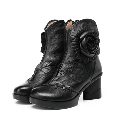 1940s Retro Genuine Leather Flower Bloom Booties - Ideal Place Market