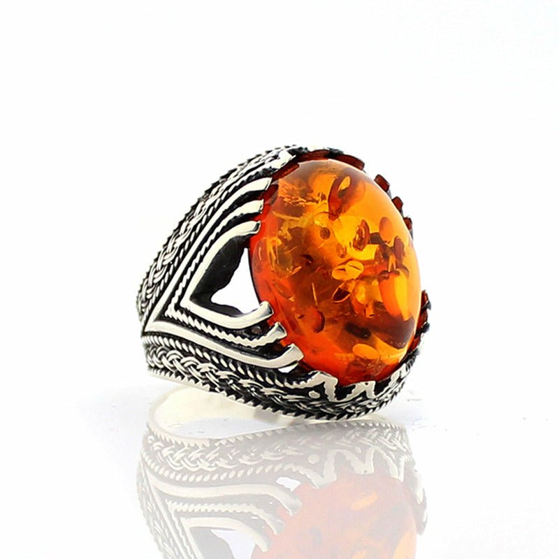 925 Silver & Natural Amber Ring for Men - Ideal Place Market