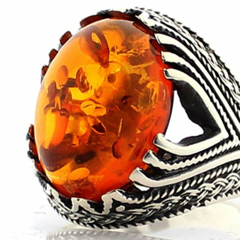 925 Silver & Natural Amber Ring for Men - Ideal Place Market