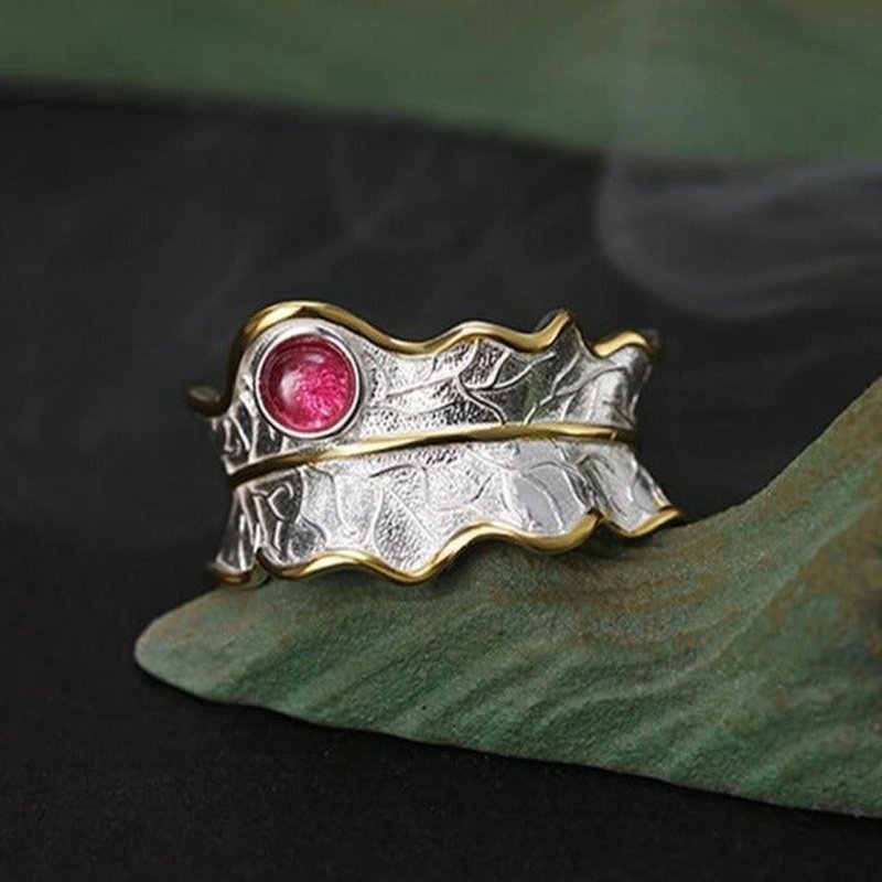 925 Sterling Silver & Natural Tourmaline Women's Curled Leaf Ring - Ideal Place Market
