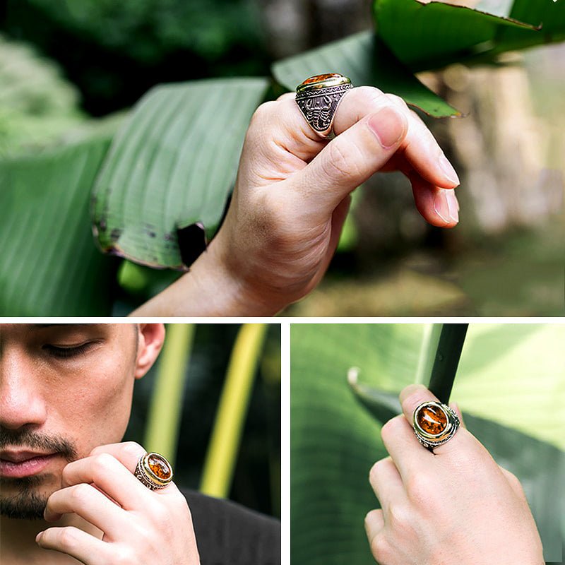 Amber Inlaid Sterling Silver Scorpio Ring for Men - Ideal Place Market