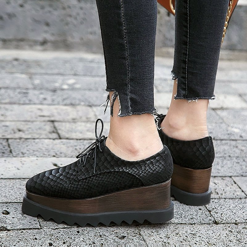 Artisan Handmade Snake Embossed Black Cowhide Leather Lace Up Platform Loafers - Ideal Place Market