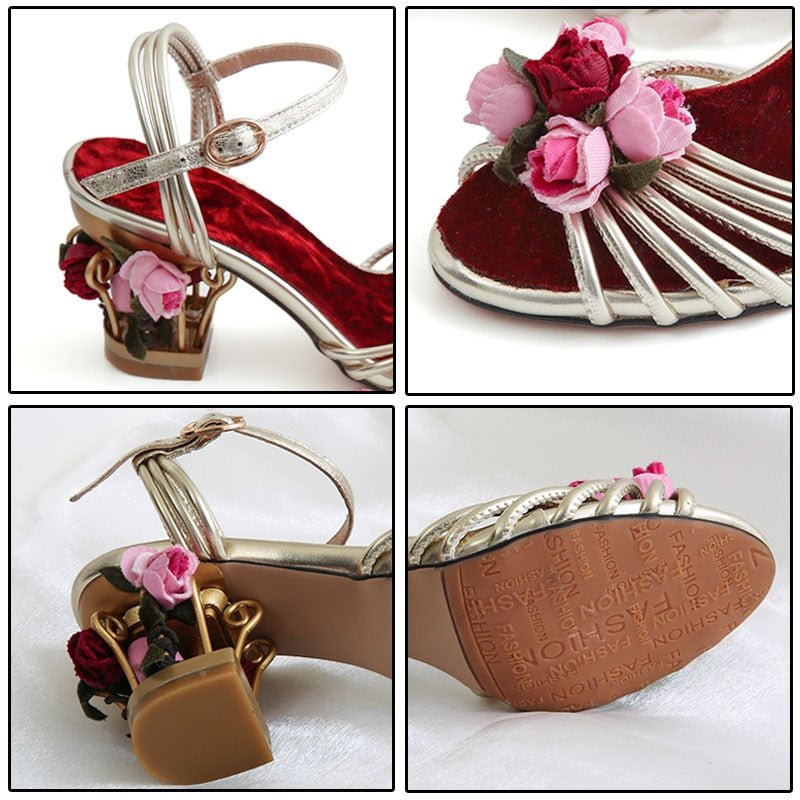 Artisan Handmade Strappy Rococo Roses Birdcage Heel Sandals - Ideal Place Market