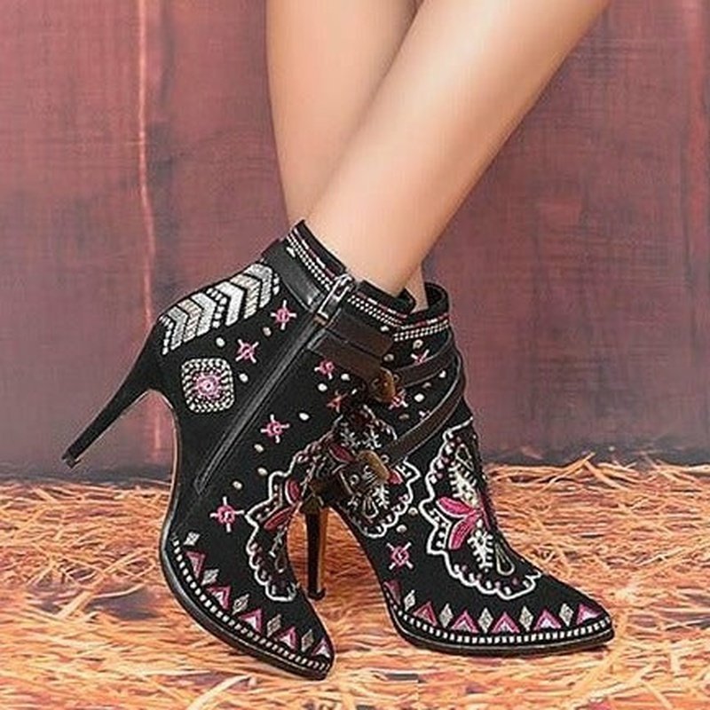 Artisan-Made Embroidered Genuine Black Suede High Heel Booties - Ideal Place Market