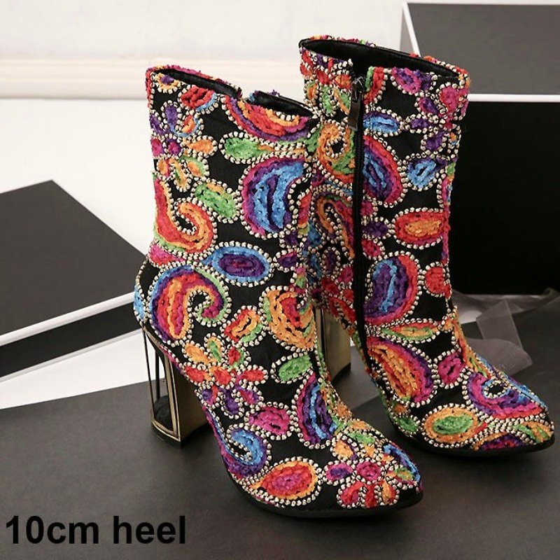 Artisan Superbly Handmade & Beaded Jacquard Birdcage Heel Boots - 2 Heel Heights - Ideal Place Market