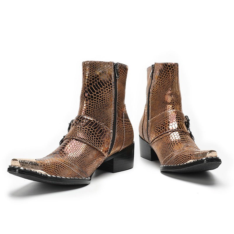 Black Patent or Metallic Brown Leather Pointed-Toe Western Ankle Boots - Ideal Place Market