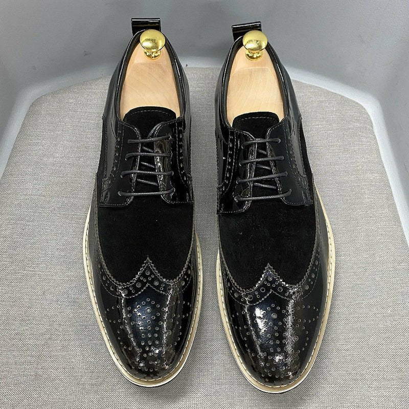 Black Suede & Patent Cowhide Leather Lace-Up Brogues for Men - Ideal Place Market