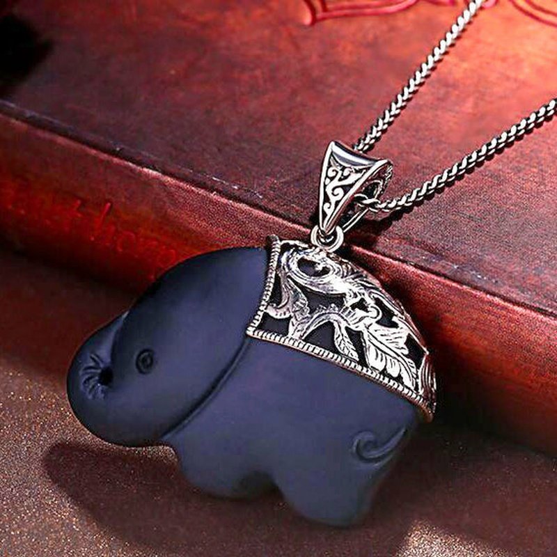 Blue Obsidian & Thai Silver Elephant Pendant Necklace - Ideal Place Market