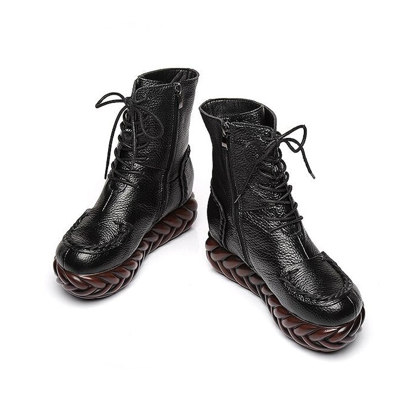 Braided Platform Handmade Tanned Cowhide Lace-Up Boots - Ideal Place Market