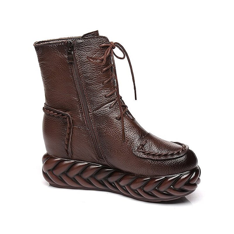 Braided Platform Handmade Tanned Cowhide Lace-Up Boots - Ideal Place Market