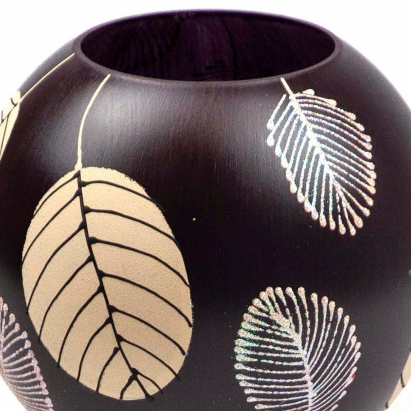 Brown & Beige Hand-Painted Leaves Glass Bubble 6 inch Table Vase - Ideal Place Market