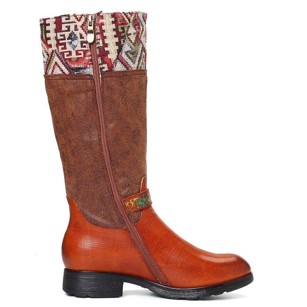 Brown Tanned Cowhide Boots with Woven Southwestern Accents