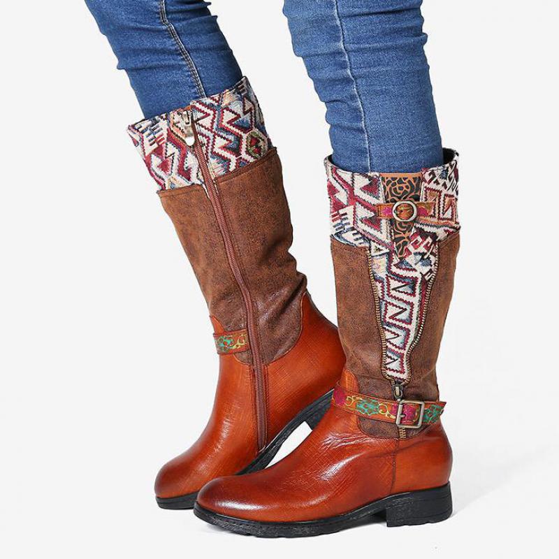 Brown Tanned Cowhide Boots with Woven Southwestern Accents