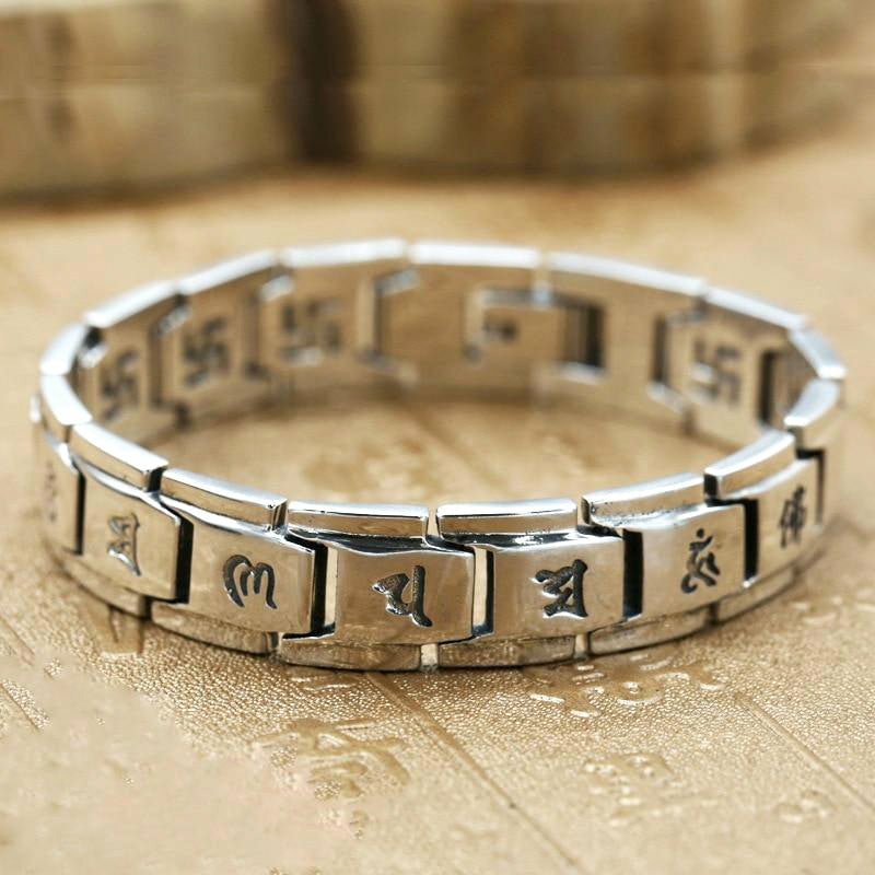 S925 Sterling Silver Retro Lucky Bracelet Men's Personality Style Retro  Creative Hand-woven Six-character Jewelry - AliExpress