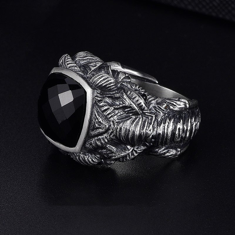 Bull Elephant S925 Ring with Natural Black Agate Center Stone - Ideal Place Market