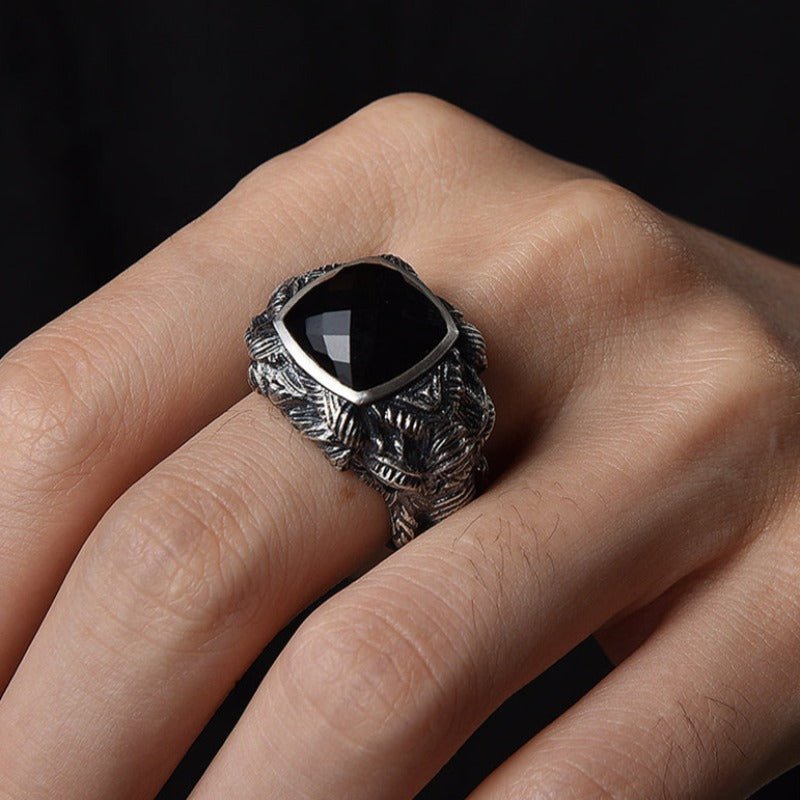 Bull Elephant S925 Ring with Natural Black Agate Center Stone - Ideal Place Market