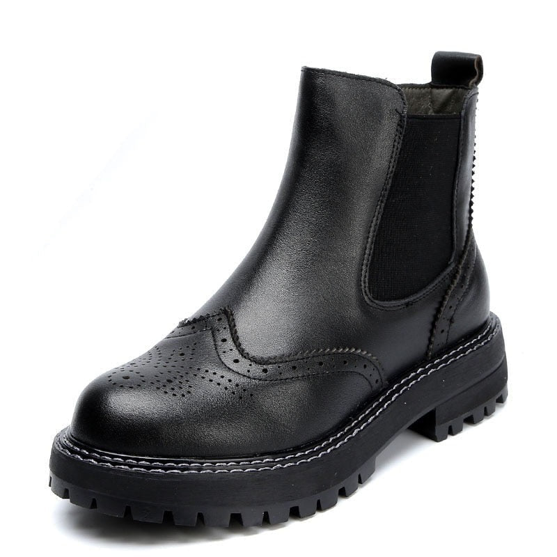 Classic Brogue Genuine Cowhide Pull-On Ankle Booties - Ideal Place Market