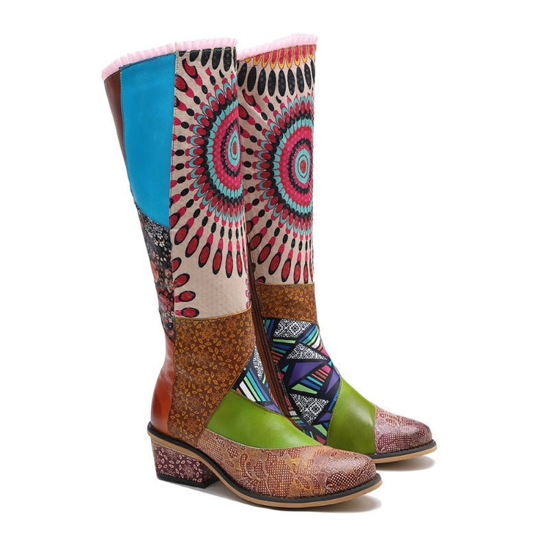 Colorful Genuine Tanned Leather Round Toe Boots