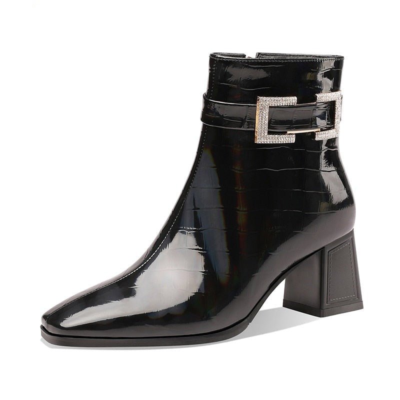 Croc Embossed Cowhide Patent Leather Bootie with Shimmering Rhinestone Buckle - Ideal Place Market
