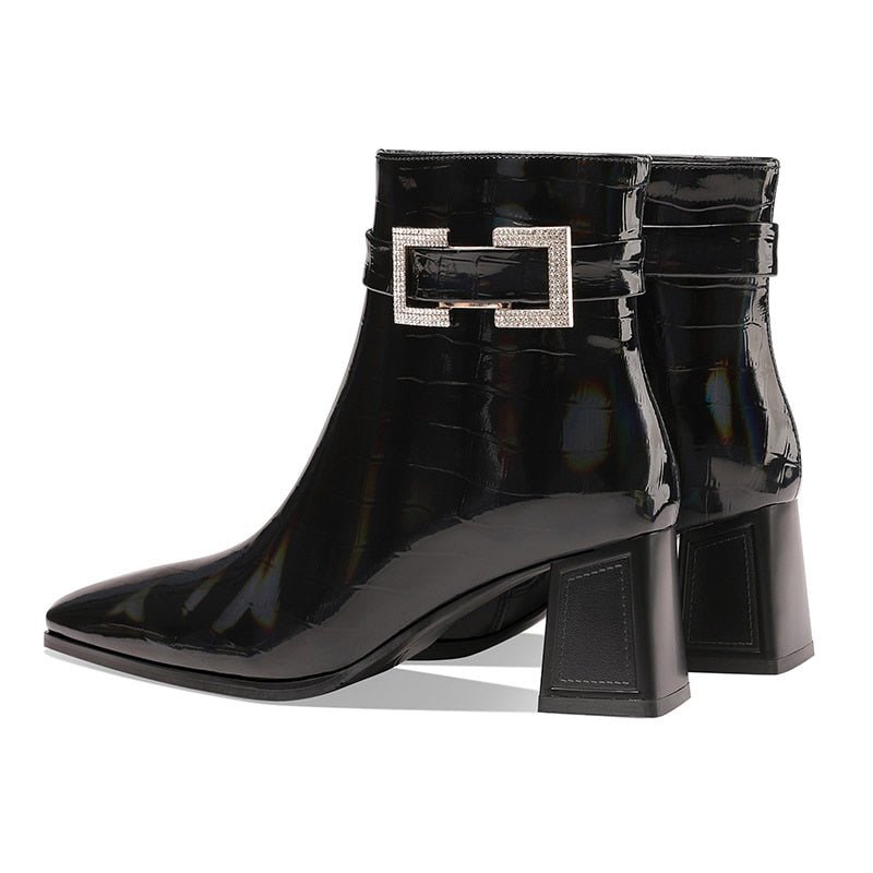 Croc Embossed Cowhide Patent Leather Bootie with Shimmering Rhinestone Buckle - Ideal Place Market
