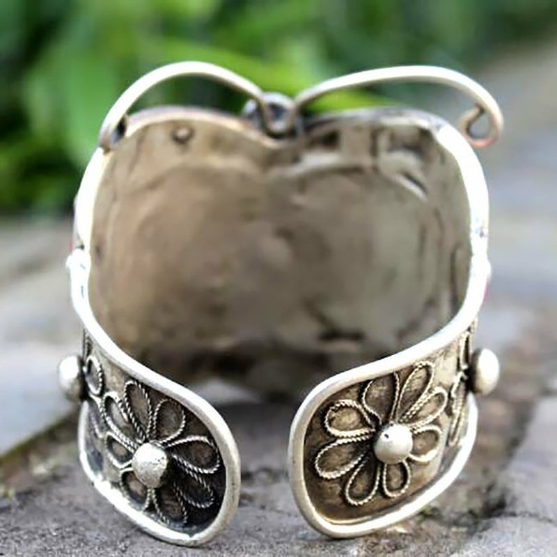 Delicately Embroidered CHinese Miao Silver Wide Cuff - Ideal Place Market