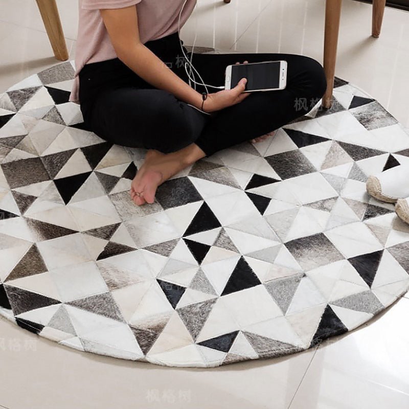 Detailed Round Hand Stitched Cowhide Rug - Ideal Place Market