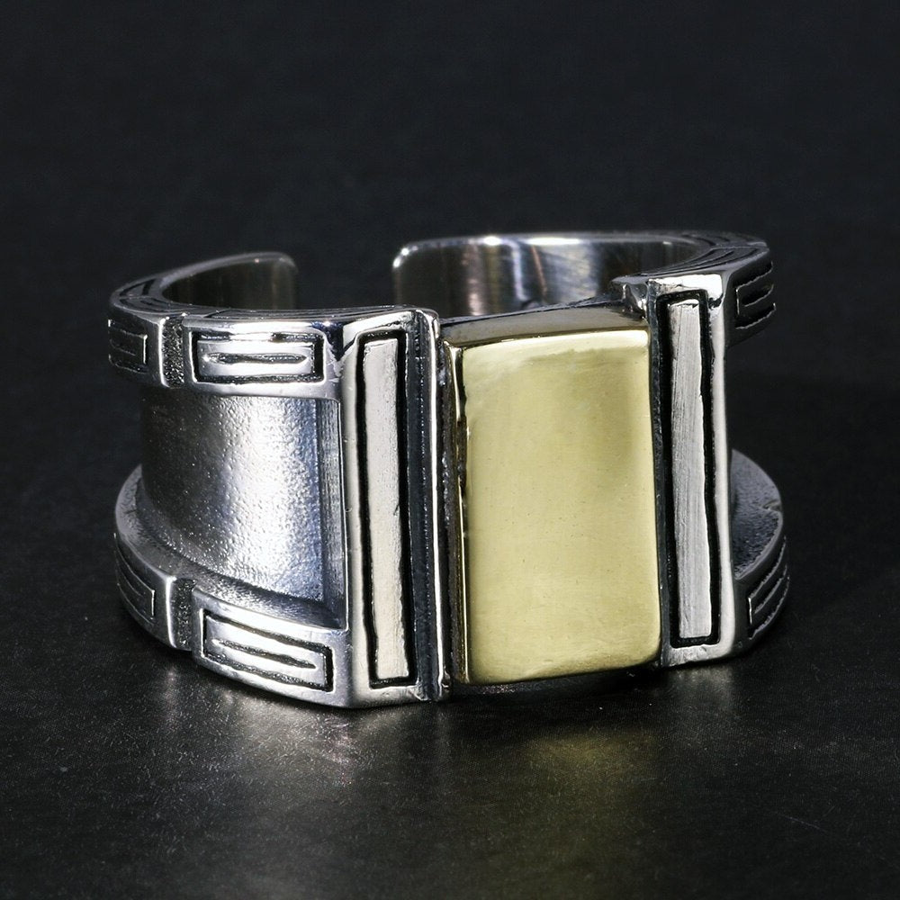Distressed S925 Silver & Polished Brass Ring for Men - Ideal Place Market