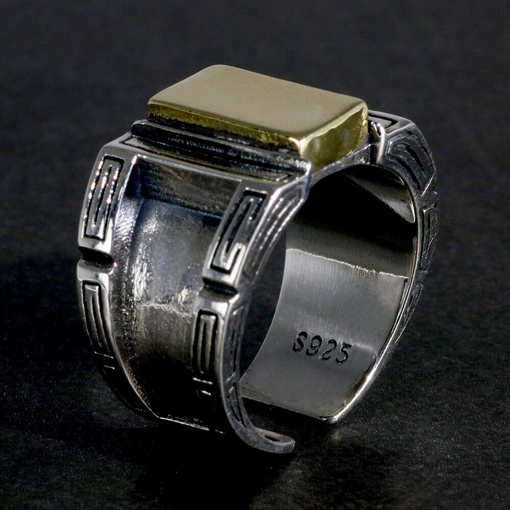 Distressed S925 Silver & Polished Brass Ring for Men - Ideal Place Market