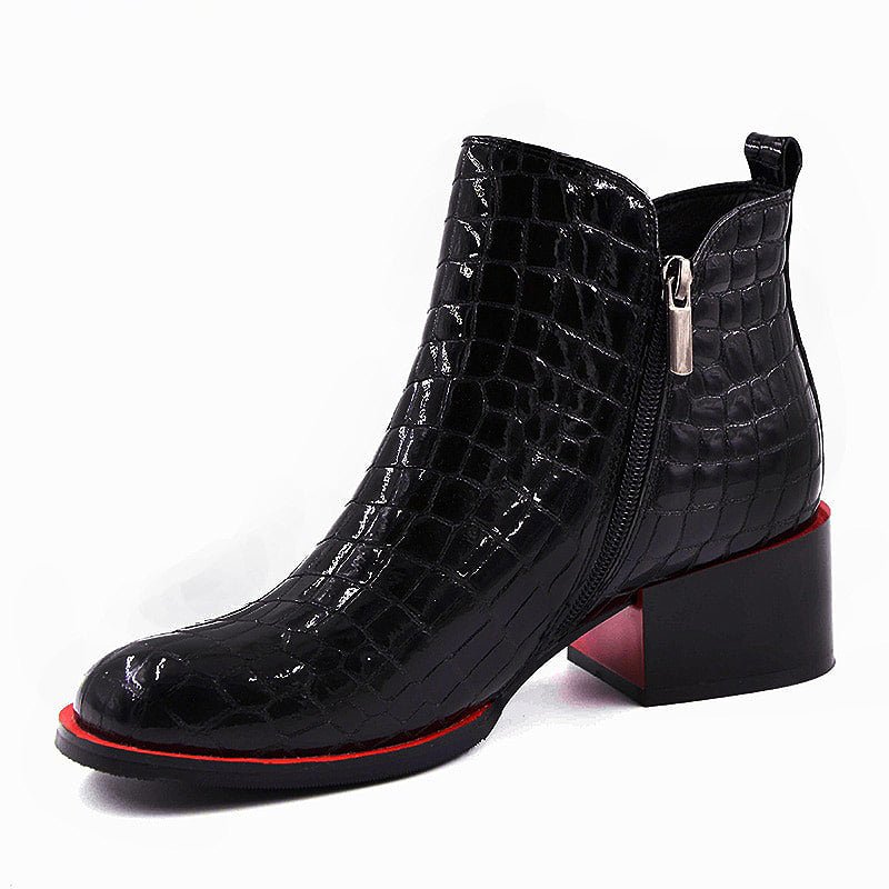 Embossed Black Patent LeatherBooties with Red Contrasts - Ideal Place Market