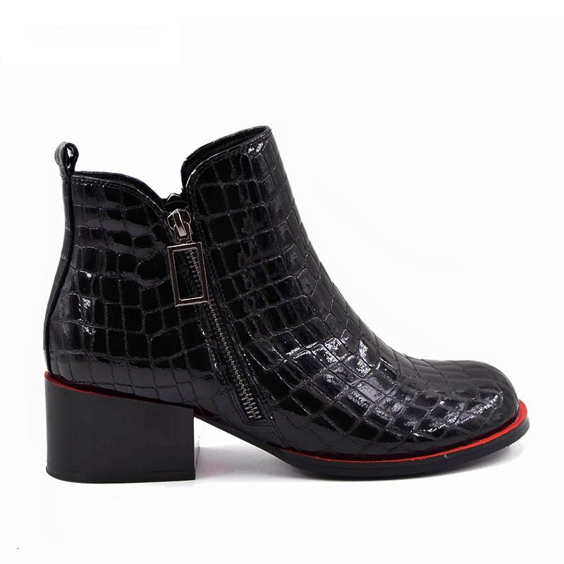 Embossed Black Patent LeatherBooties with Red Contrasts - Ideal Place Market