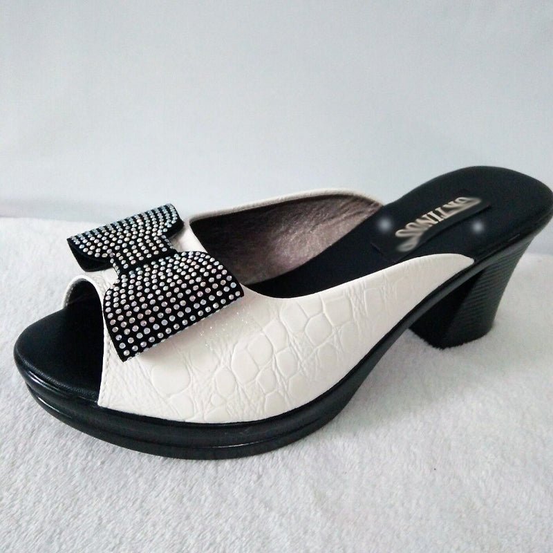 Embossed Leather Snow White Slides with Rhinestone Bow - Ideal Place Market