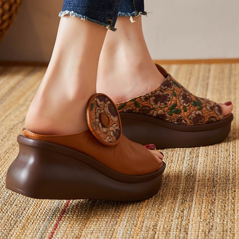 Embossed & Tanned Cowhide Fishmouth Platform Sandals - Ideal Place Market