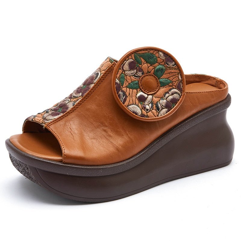 Embossed & Tanned Cowhide Fishmouth Platform Sandals - Ideal Place Market