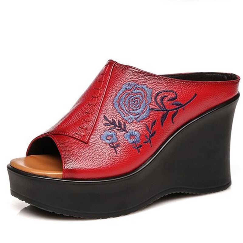 Embroidered Blue Rose Tanned Pebble Leather Slip-On Wedges - Ideal Place Market
