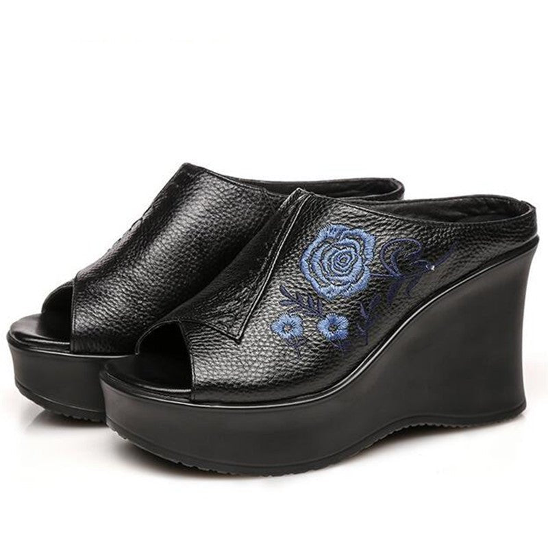 Embroidered Blue Rose Tanned Pebble Leather Slip-On Wedges - Ideal Place Market