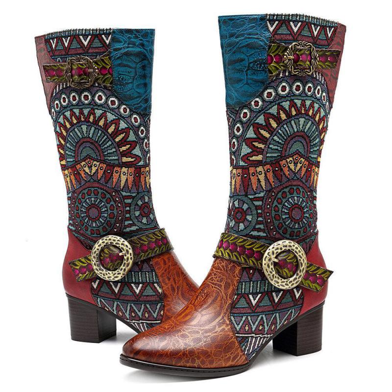 Embroidered Genuine Cowhide Narrow Toe Cowboy Boots - 36