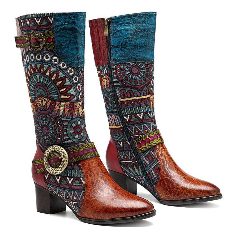 Embroidered Genuine Cowhide Narrow Toe Cowboy Boots