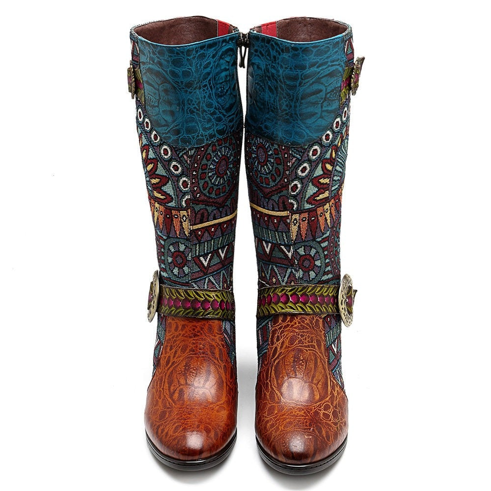 Embroidered Genuine Cowhide Narrow Toe Cowboy Boots