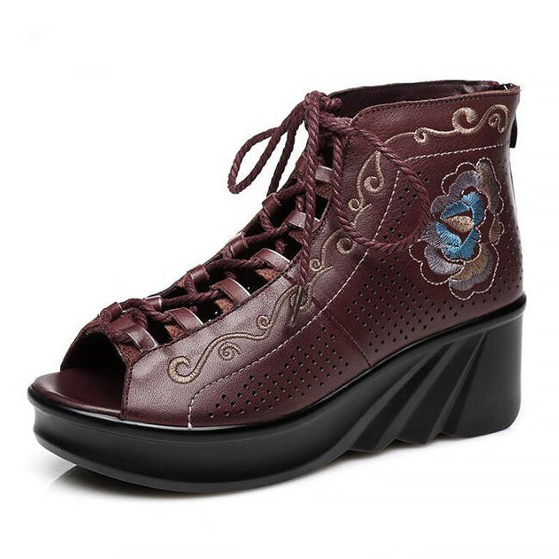 Embroidered Genuine Leather Lace-up Adjustable Width Summer Booties - Ideal Place Market