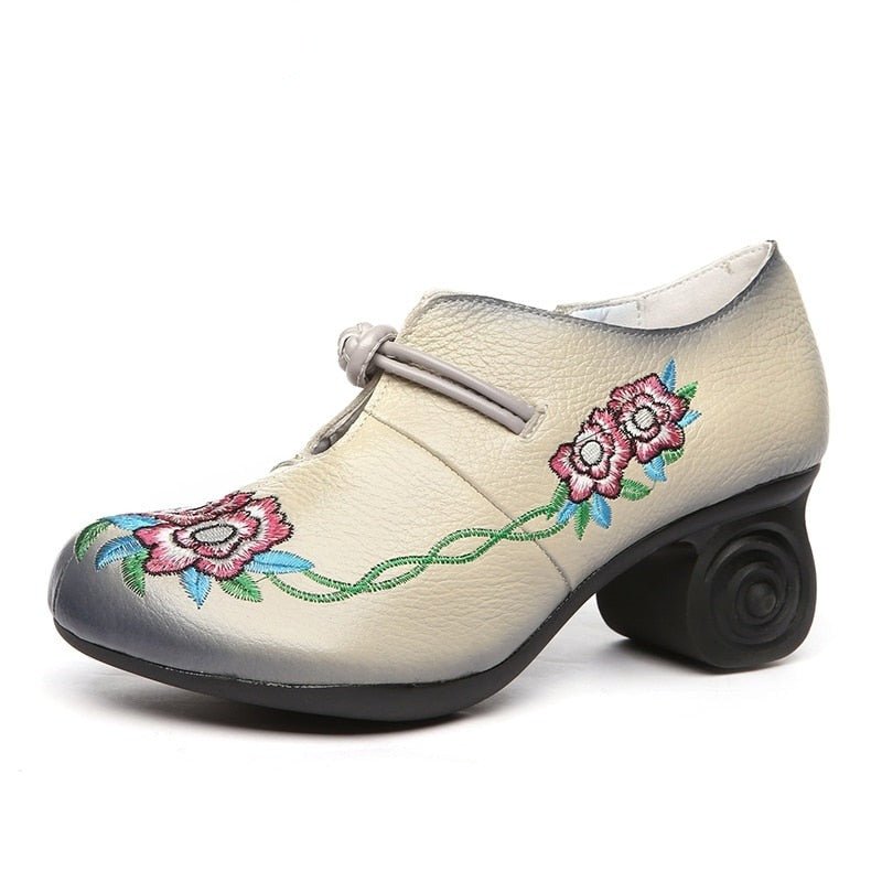 Embroidered Leather Pumps with Non-Slip Scroll Heel - Ideal Place Market