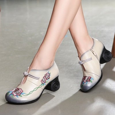 Embroidered Leather Pumps with Non-Slip Scroll Heel - Ideal Place Market