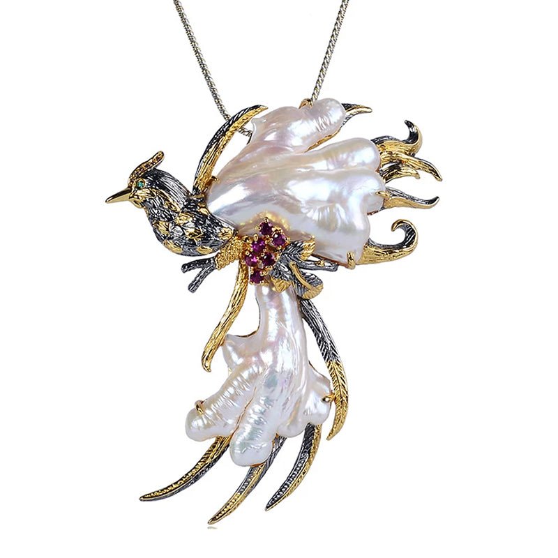 Exquisite Phoenix Necklace Pendant/Brooch with Freshwater Pearls and Tourmaline - Ideal Place Market