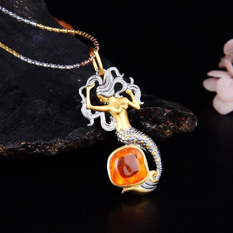 Fire Opal & Sterling Silver Mermaid Necklace Pendant/Brooch - Ideal Place Market
