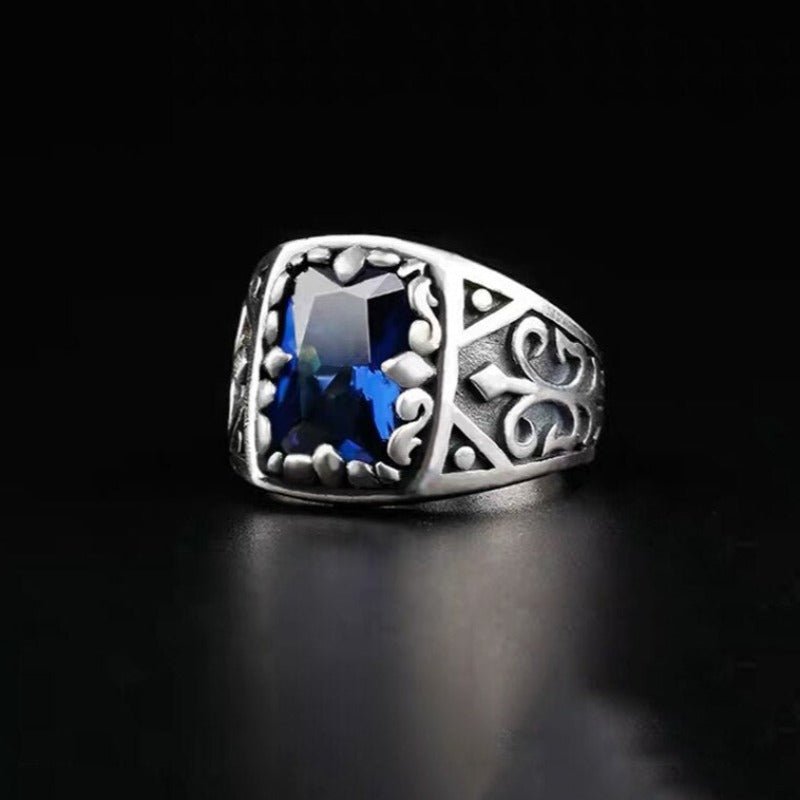 Fleur-de-lis Embellished S925 Silver Ring with Faceted Blue Crystal - Ideal Place Market