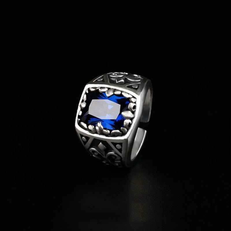 Fleur-de-lis Embellished S925 Silver Ring with Faceted Blue Crystal - Ideal Place Market