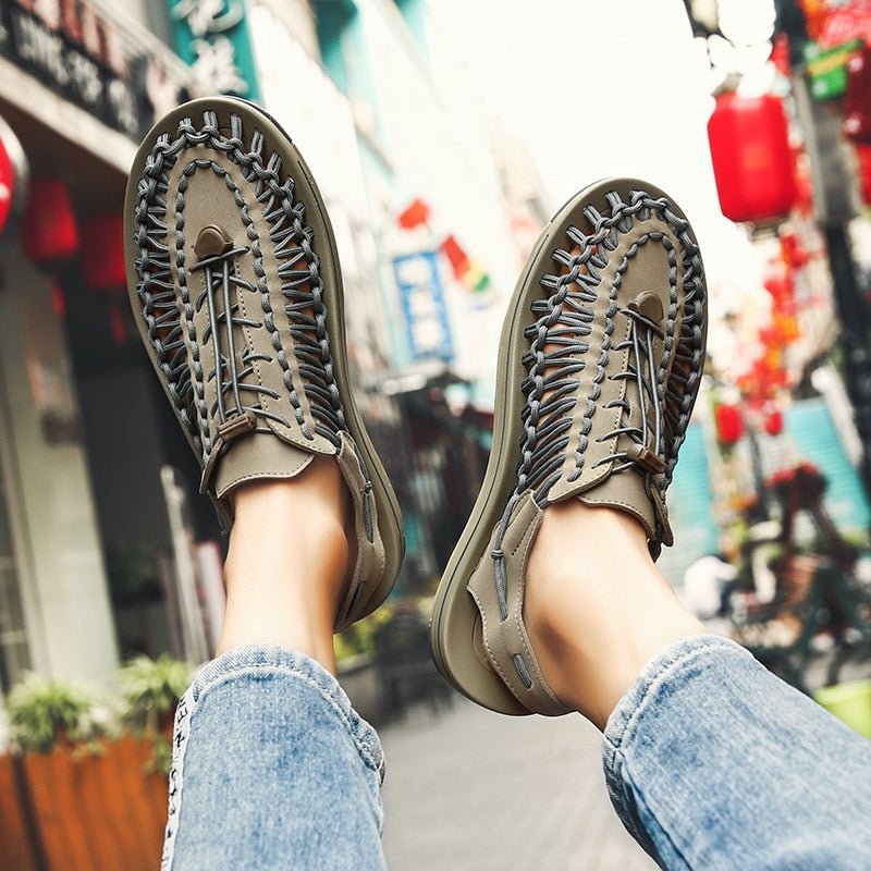 Flexible Leather & Lace Slip-On Sandal - Ideal Place Market