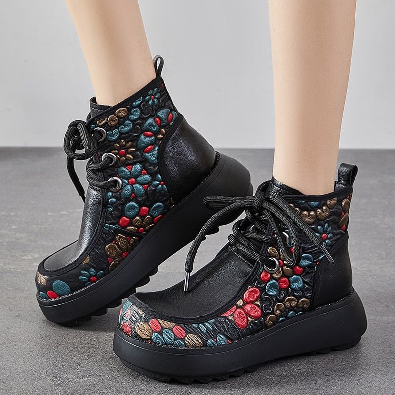 Floral Embossed Tanned Leather Low Platform Ankle Booties - Your Choice of Lining - Ideal Place Market