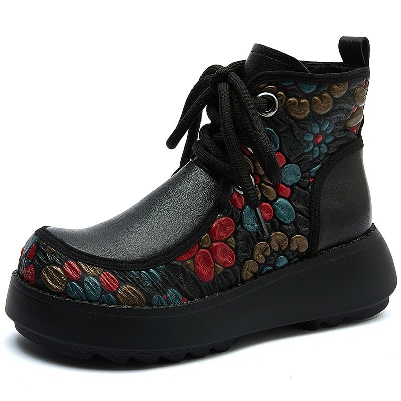Floral Embossed Tanned Leather Low Platform Ankle Booties - Your Choice of Lining - Ideal Place Market
