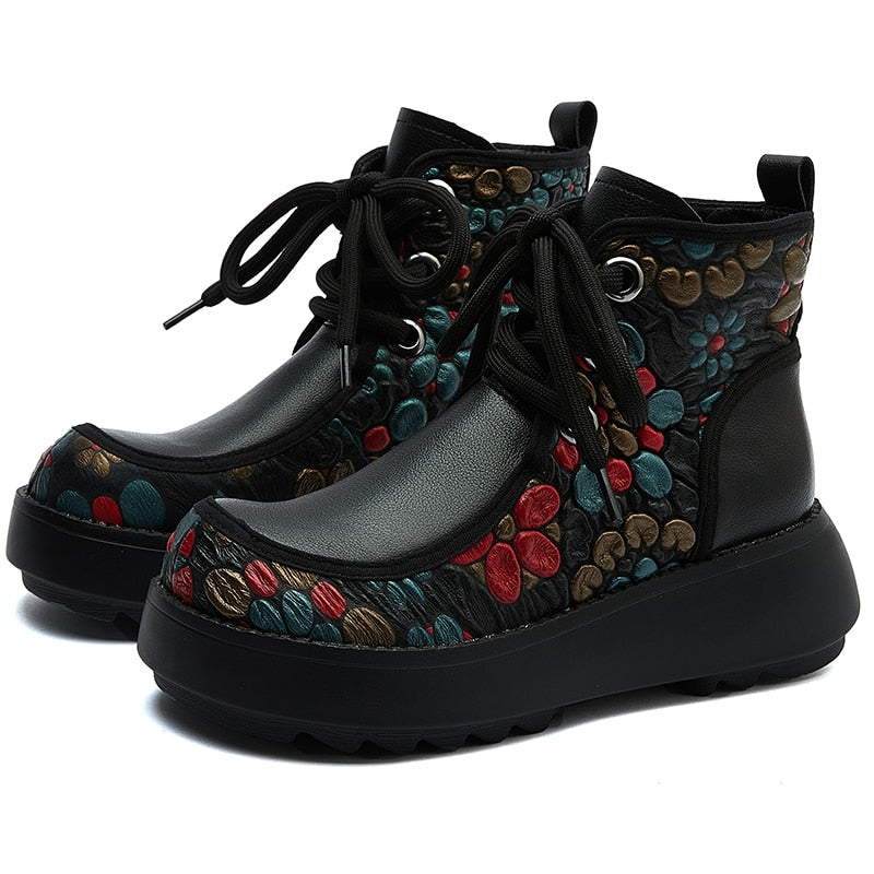 Floral Embossed Tanned Leather Low Platform Ankle Booties - 