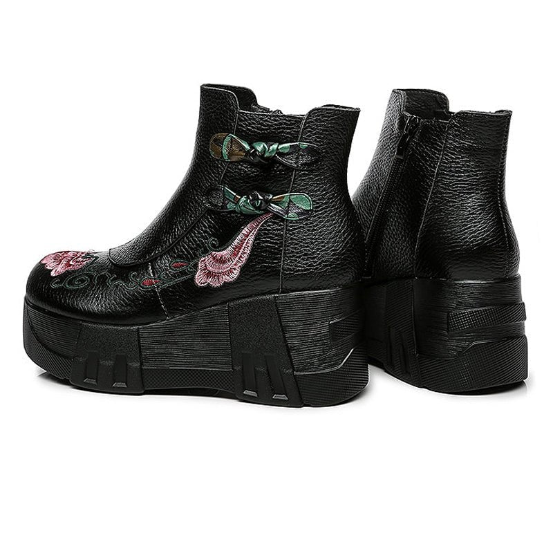 Floral Embroidered Pebble Leather Platform Ankle Boots - Ideal Place Market